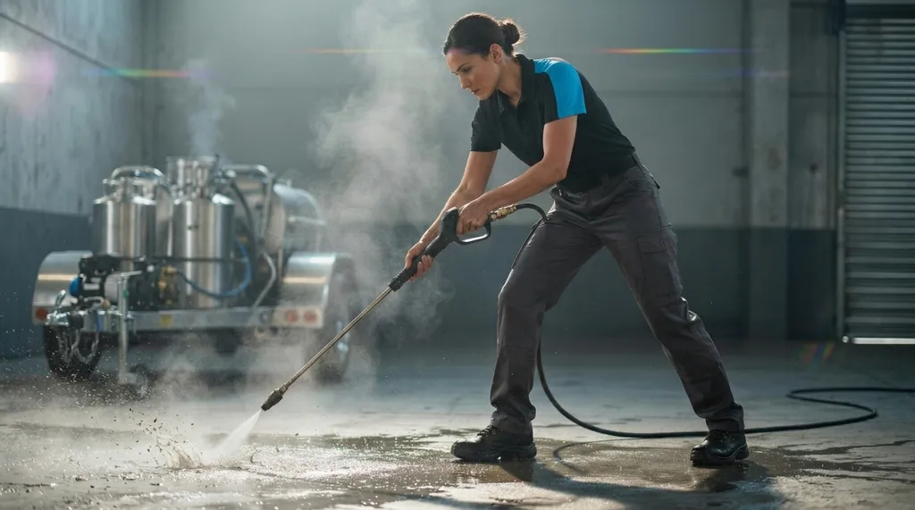 A homeowner outside her freshly rinsed home