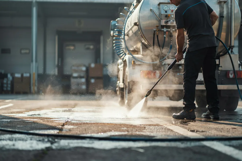 A technician hot-water washing a greasy commercial trash pad, steam rising