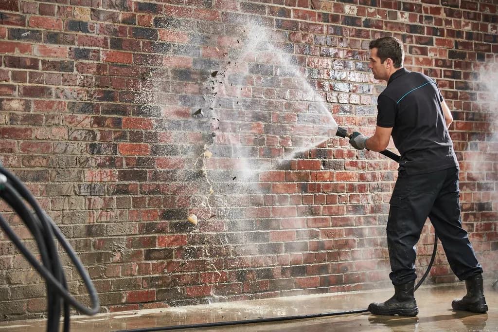 A technician rinsing dirt off a red-brick wall with a wide fan of water