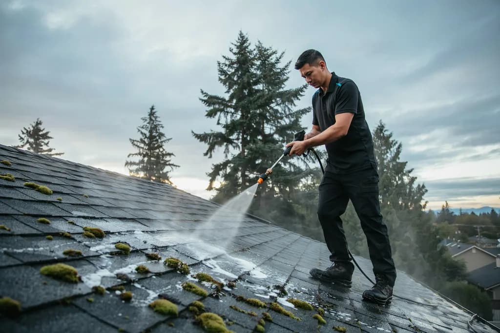 A technician on a moss-covered shingle roof applying white soft-wash foam