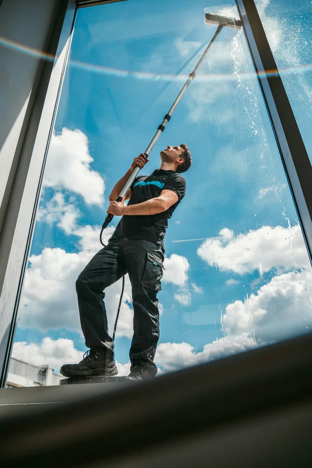 A technician cleaning a tall glass storefront with a water-fed pole, reflected in the pane