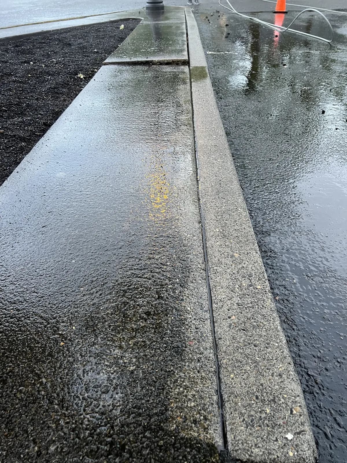 Close view of a wet, freshly cleaned concrete curb and walkway