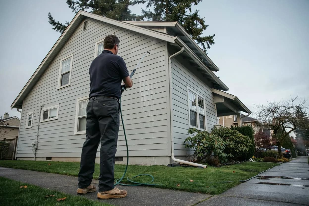 A technician soft-washing the siding of a Pacific Northwest home from the ground